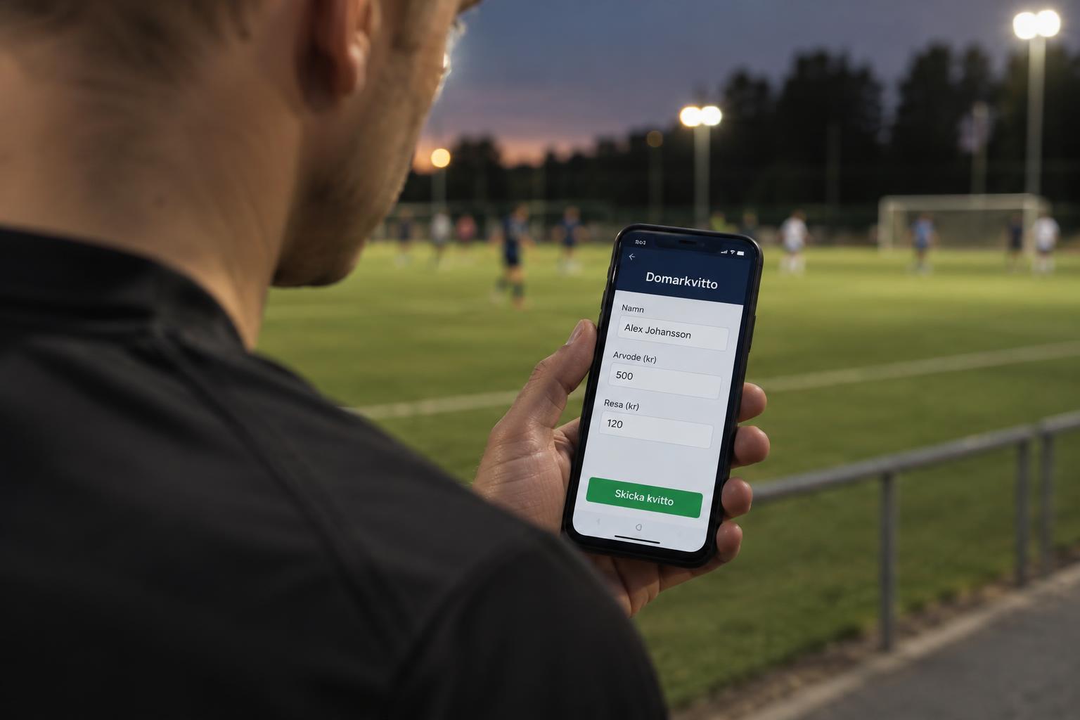 Domare fyller i digitalt domarkvitto i mobilen vid planen